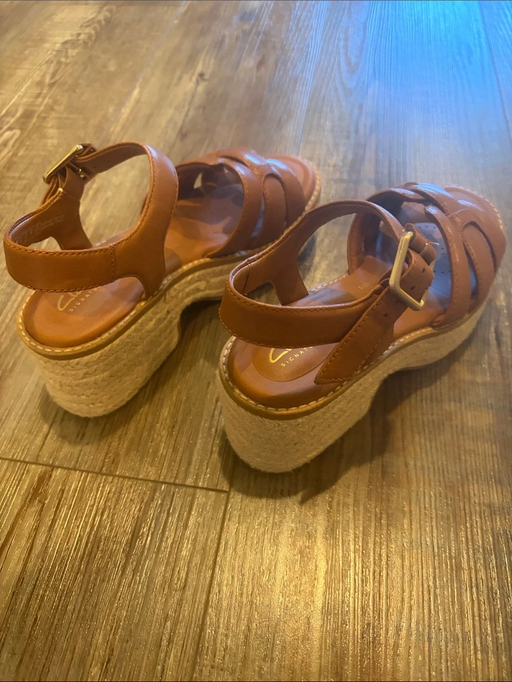 Clarks Tan Leather Platform Espadrille Sandals
